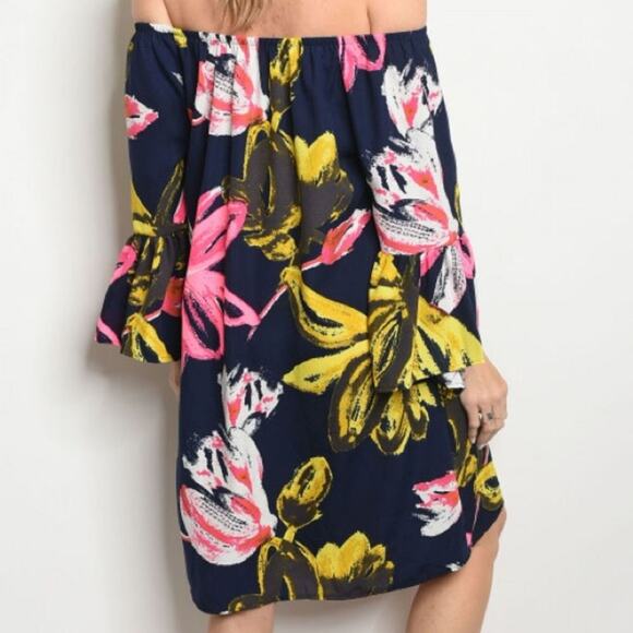 Navy Floral Dress Off Shoulder Bell Sleeve Tunic - Picture 4 of 8